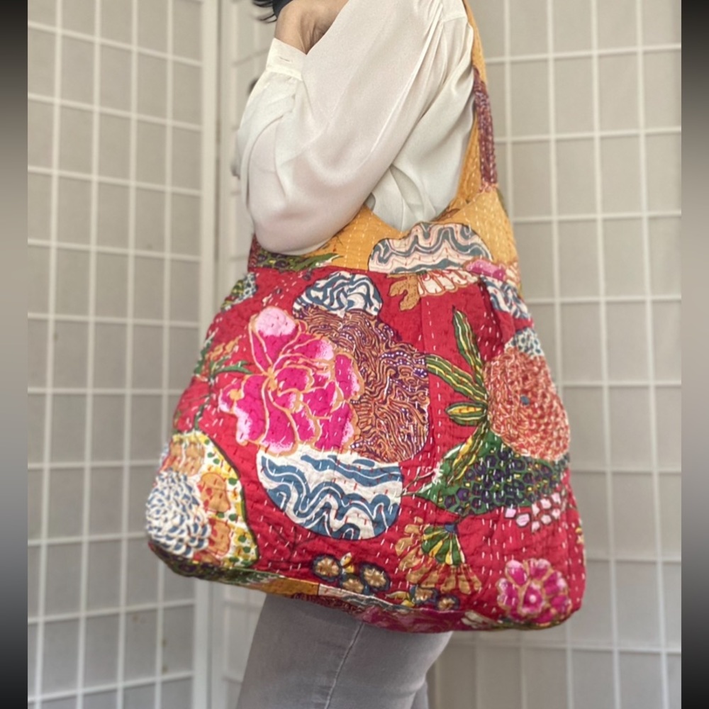 Red/Gold Multi-Colored Cloth Boho Tote Bag w/ Hand-Stitched Detail